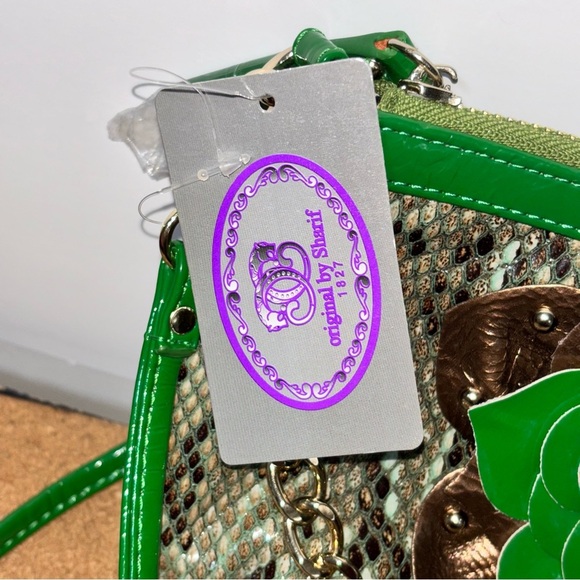 Sharif Green Snakeskin Print Crossbody Purse Chain Handbag Unique Designer - Picture 7 of 12